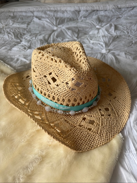 Accessories - Straw Crochet Cowgirl Hat with Turquoise Band and Bead Trim
